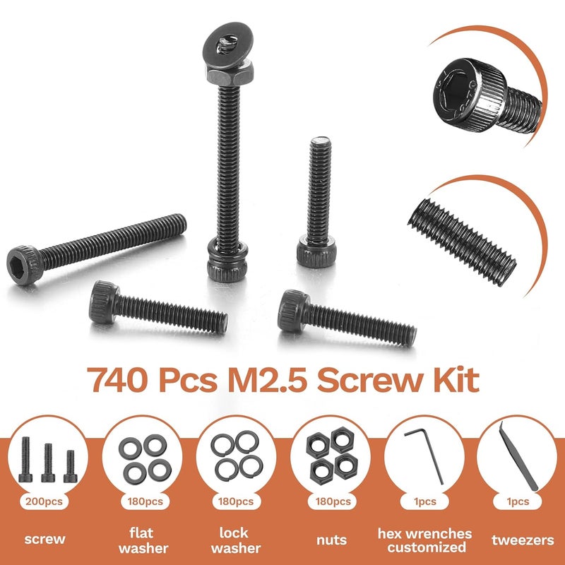 Hapric 740 Pcs M2.5 Screws Kit M2.5 Screw Assortment Nuts and Bolts Assortment Kit Metric Machine Screw Kit, 12.9 Alloy Steel Black Zinc Plated Hex Socket Head Screws Nuts Bolts and Washers Set - Image 3